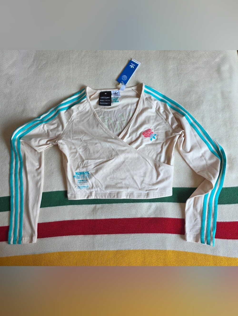Adidas Warped Graphic Wonder White Wrap-Front Cropped Long Sleeve Top NEW S M